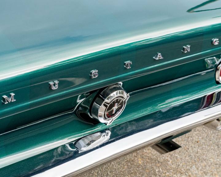 MUSTANG lettering and gas cap on the rear of the 1967 Mustang