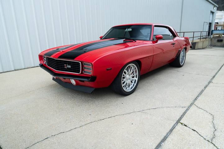 1969 Camaro front three-quarter view with painted black stripes