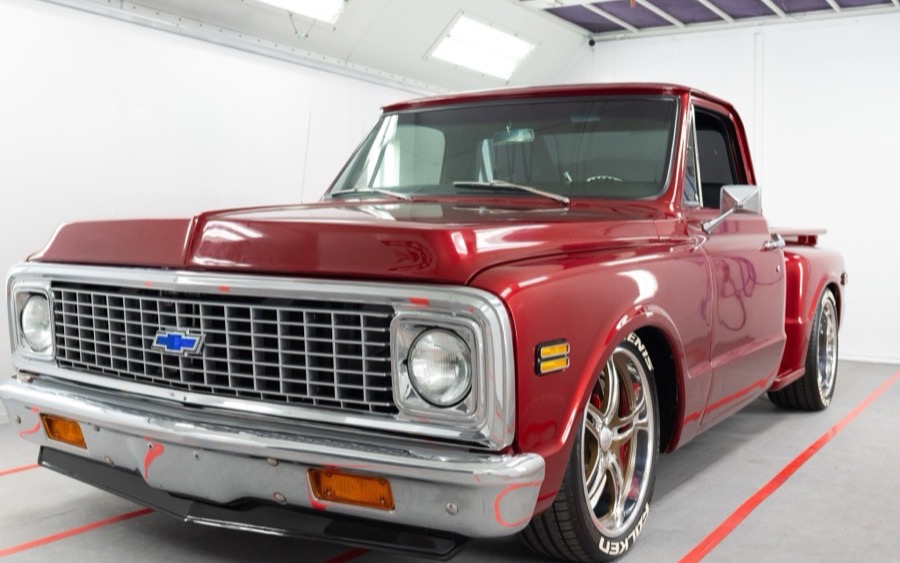 1970 Chevrolet C10 Stepside in Chevy maroon built by Morgan Muscle Cars, representing C10 restoration