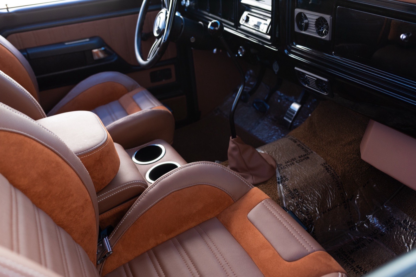 Camel leather and suede interior with custom console in the 1973 F-100