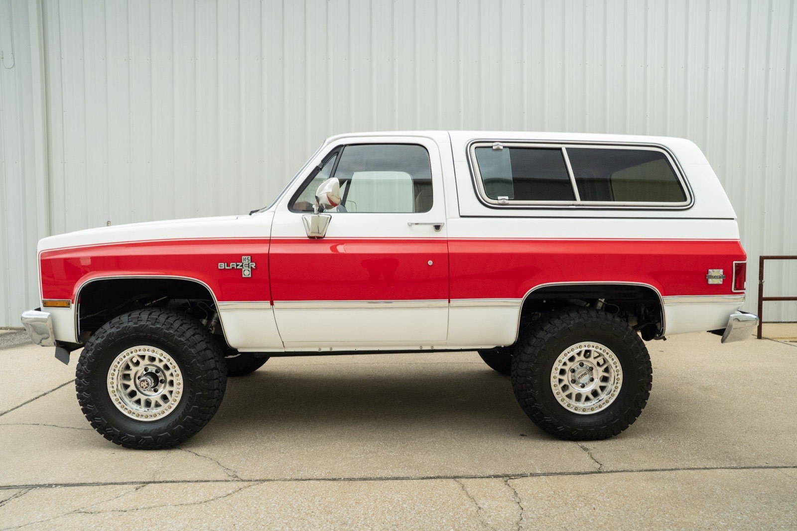 1984 Chevrolet K5 Blazer in Arctic White with Viper Red accents, for sale at Morgan Muscle Cars in Pelham, Alabama