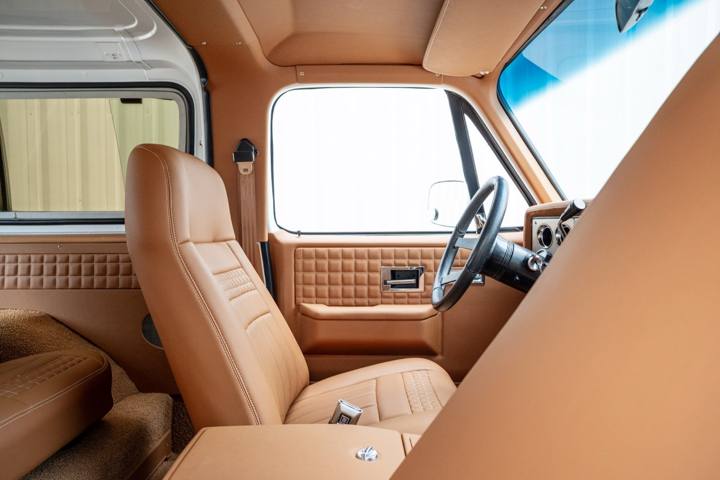 Custom tan leather seats and dash in the 1984 K5 Blazer